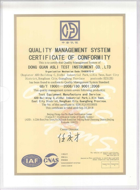 Chiny ASLi (China) Test Equipment Co., Ltd Certyfikaty